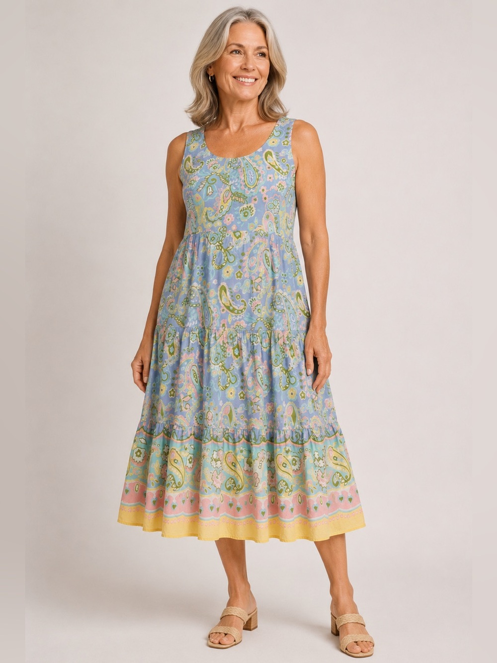 Talbots Pastel Paisley Tiered Maxi Dress Cottagecore Boho Cotton Size 12